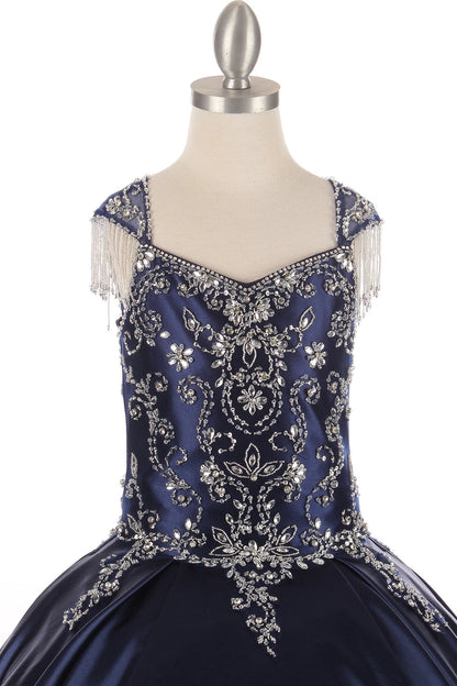 Embellishments on this Navy mini quince dress show sparkling crystals across the bodice.
