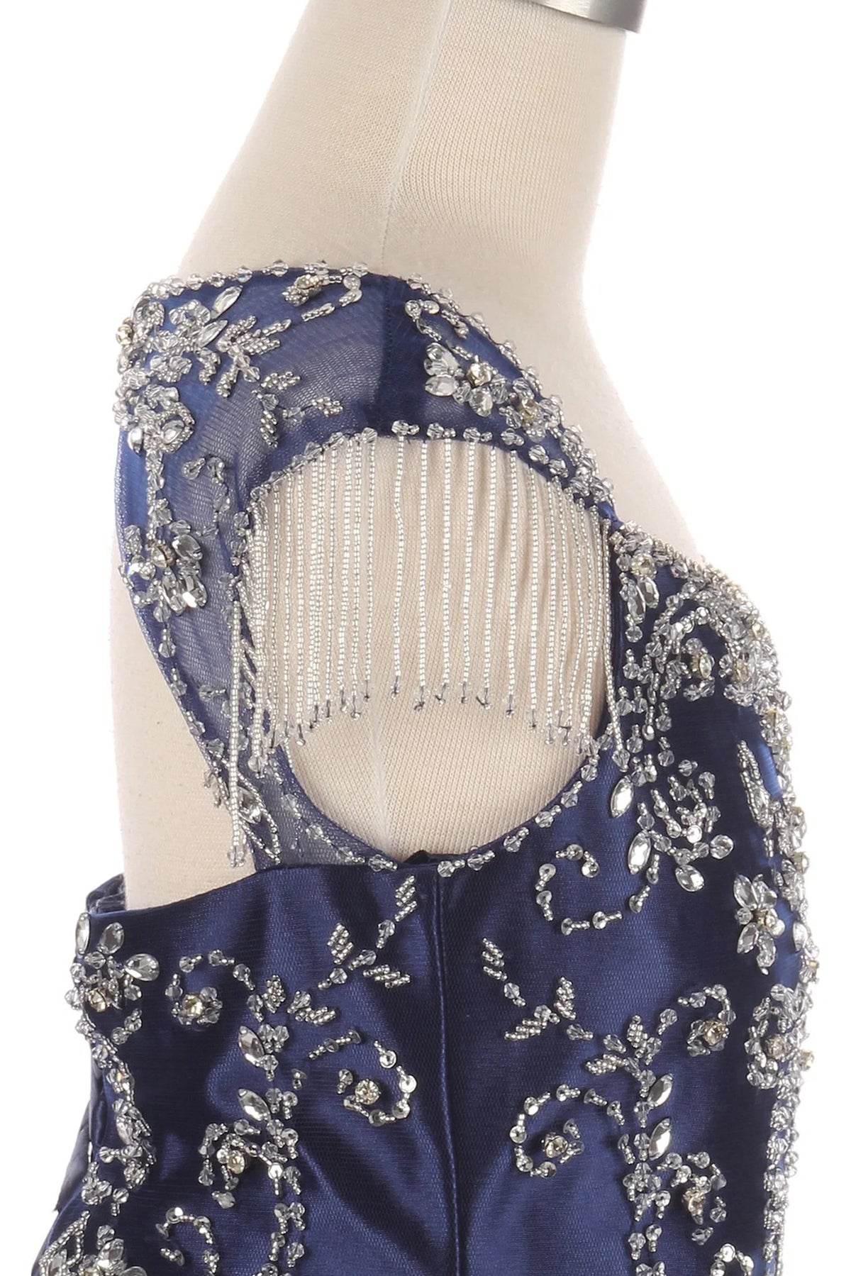 Featured on this Navy mini quince dress: a crystal-fringed keyhole upper back.