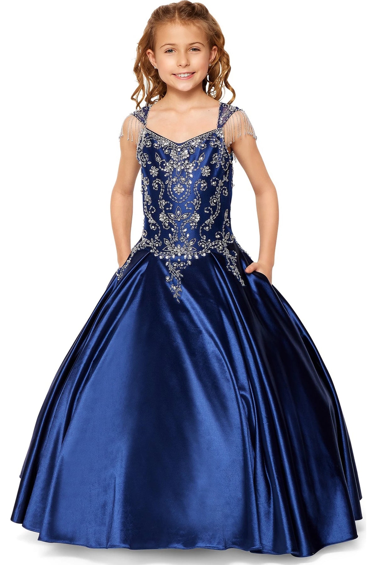 Navy mini quince dress with a crystal-beaded bodice and full satin skirt.