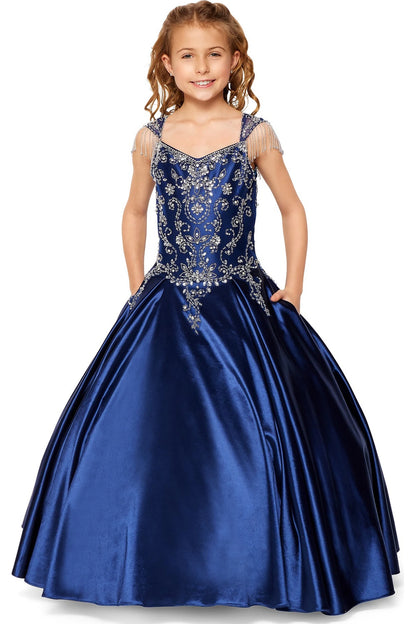 Navy mini quince dress with a crystal-beaded bodice and full satin skirt.