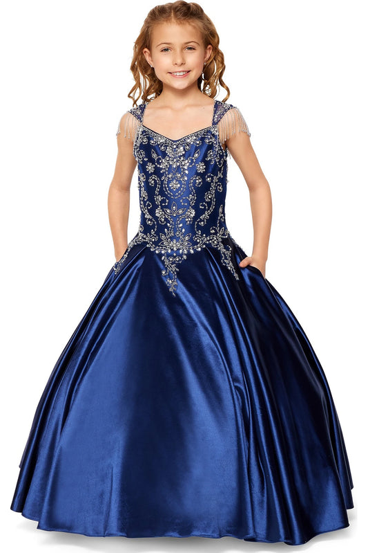 Navy mini quince dress with a crystal-beaded bodice and full satin skirt.