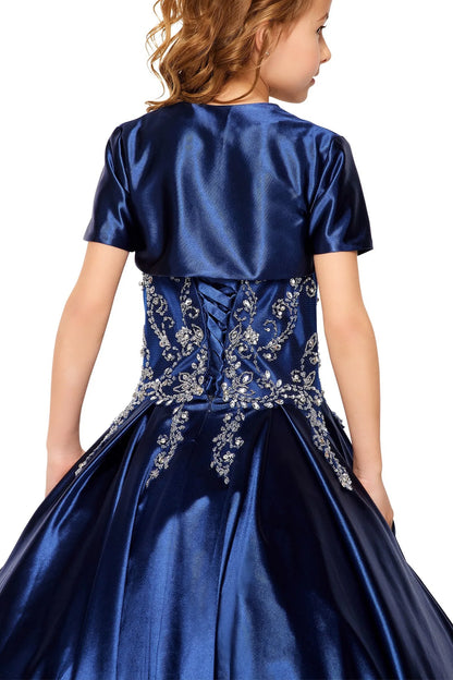 Visible details on the Navy mini quince dress include a matching satin jacket and full skirt.