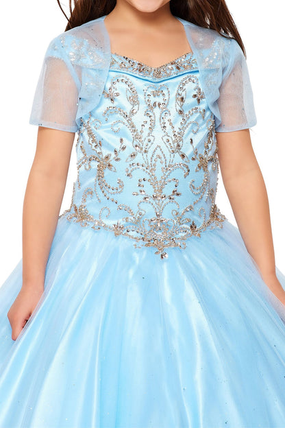 Blue front zoom kids mini quinceañera ball gown with off-shoulder rhinestone beading, glitter mesh fabric and bolero