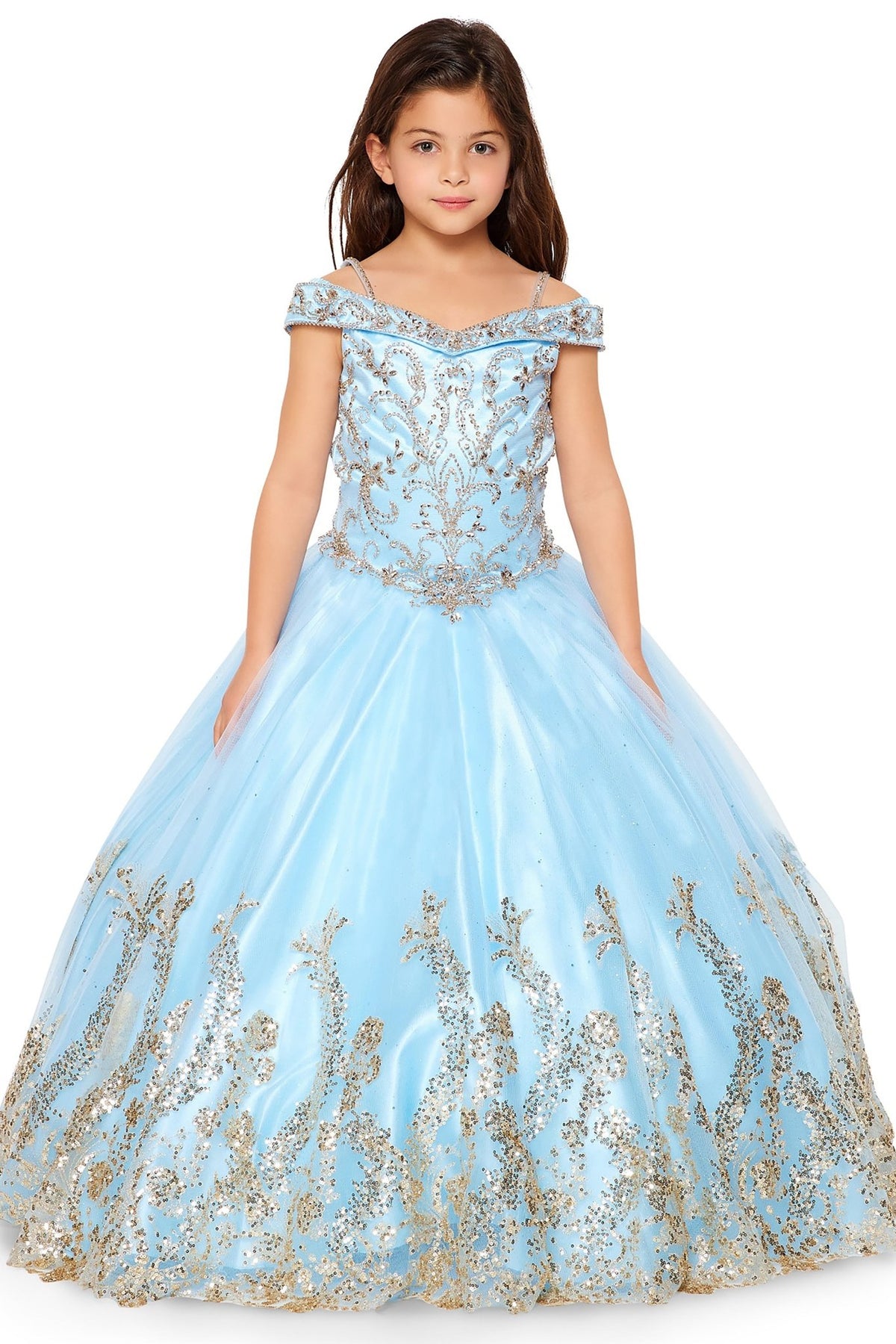 Blue front view kids mini quinceañera mini quince dress with off-shoulder rhinestone beading, glitter mesh sweep train and bolero.