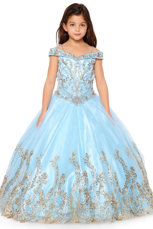 Blue front view kids mini quinceañera mini quince dress with off-shoulder rhinestone beading, glitter mesh sweep train and bolero.