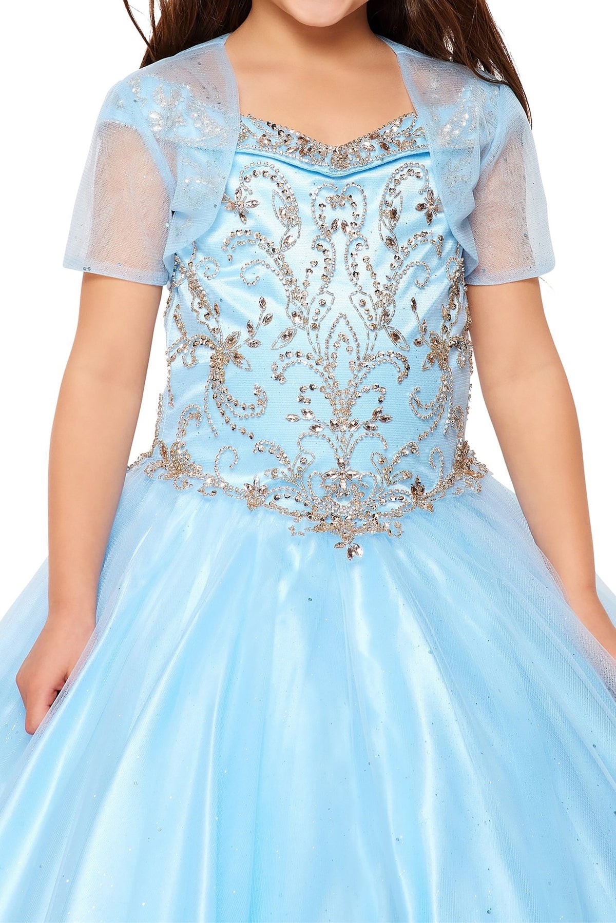 Blue front zoom kids mini quinceañera mini quince dress with off-shoulder rhinestone beading, glitter mesh fabric and bolero.