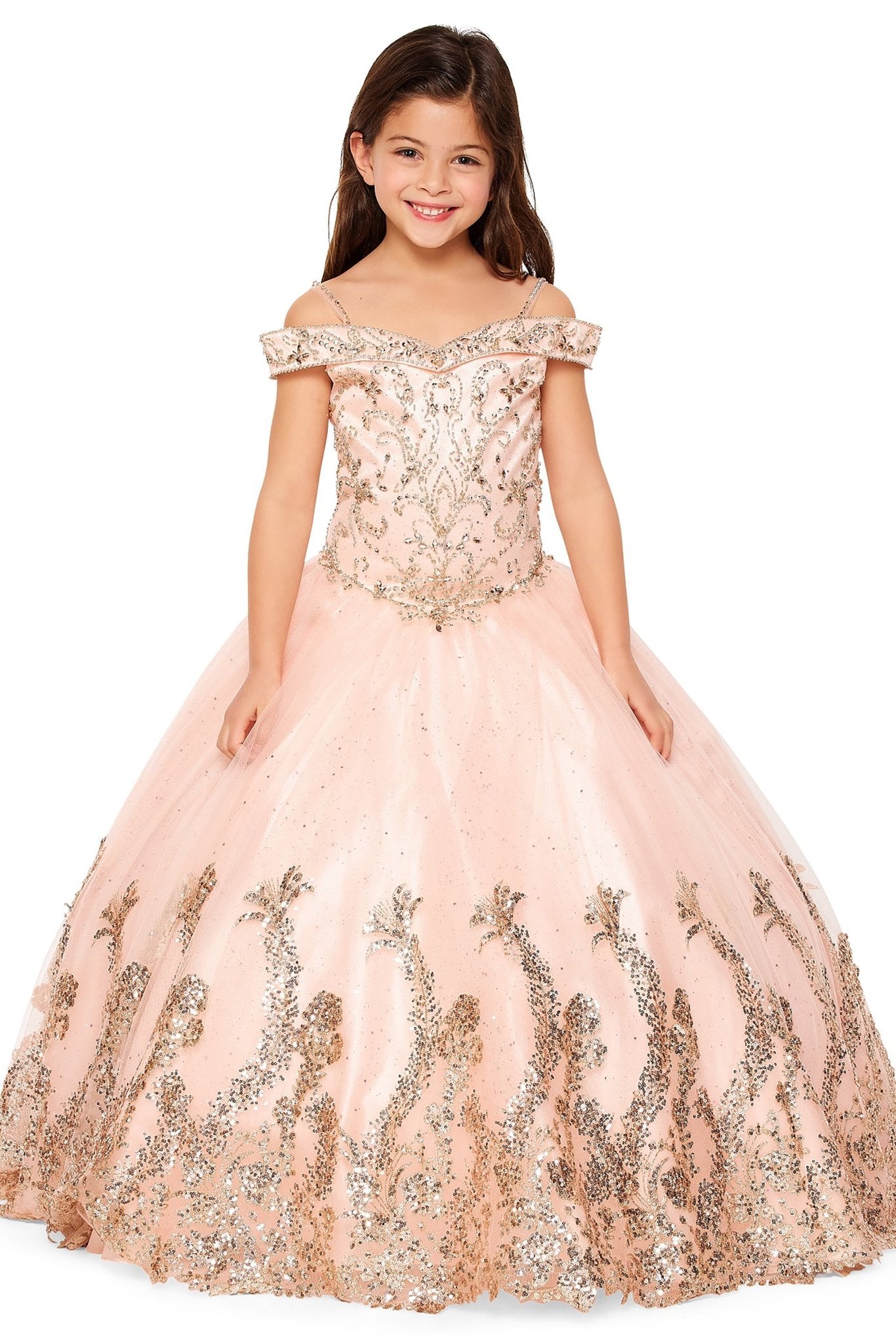 Blush front view kids mini quinceañera mini quince dress with off-shoulder rhinestone beading, glitter mesh sweep train and bolero.