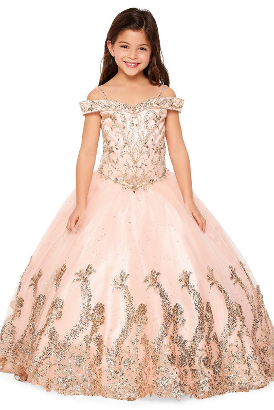Blush front view kids mini quinceañera mini quince dress with off-shoulder rhinestone beading, glitter mesh sweep train and bolero.