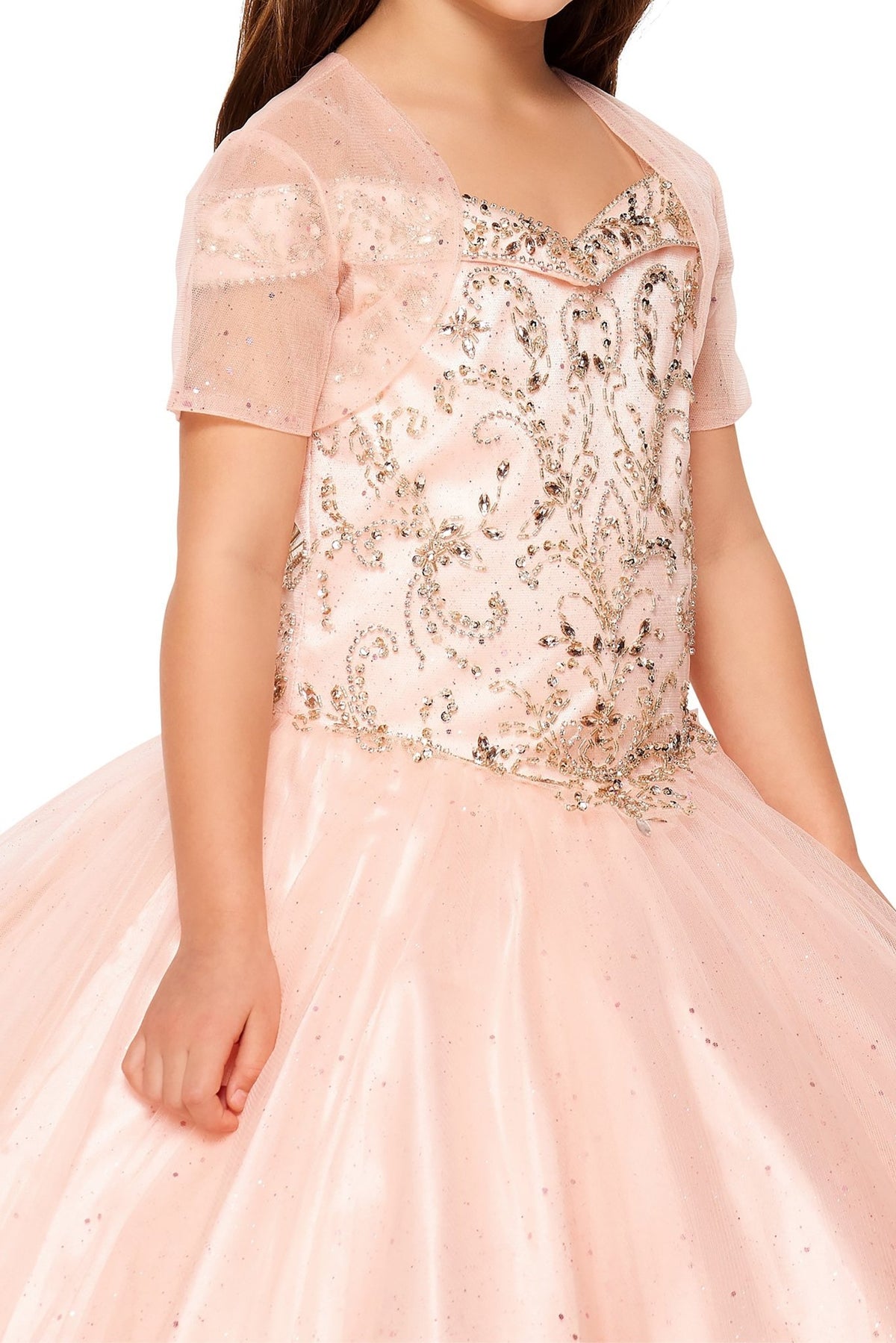 Blush detail zoom kids mini quinceañera mini quince dress with off-shoulder rhinestone beading, glitter mesh fabric and bolero.