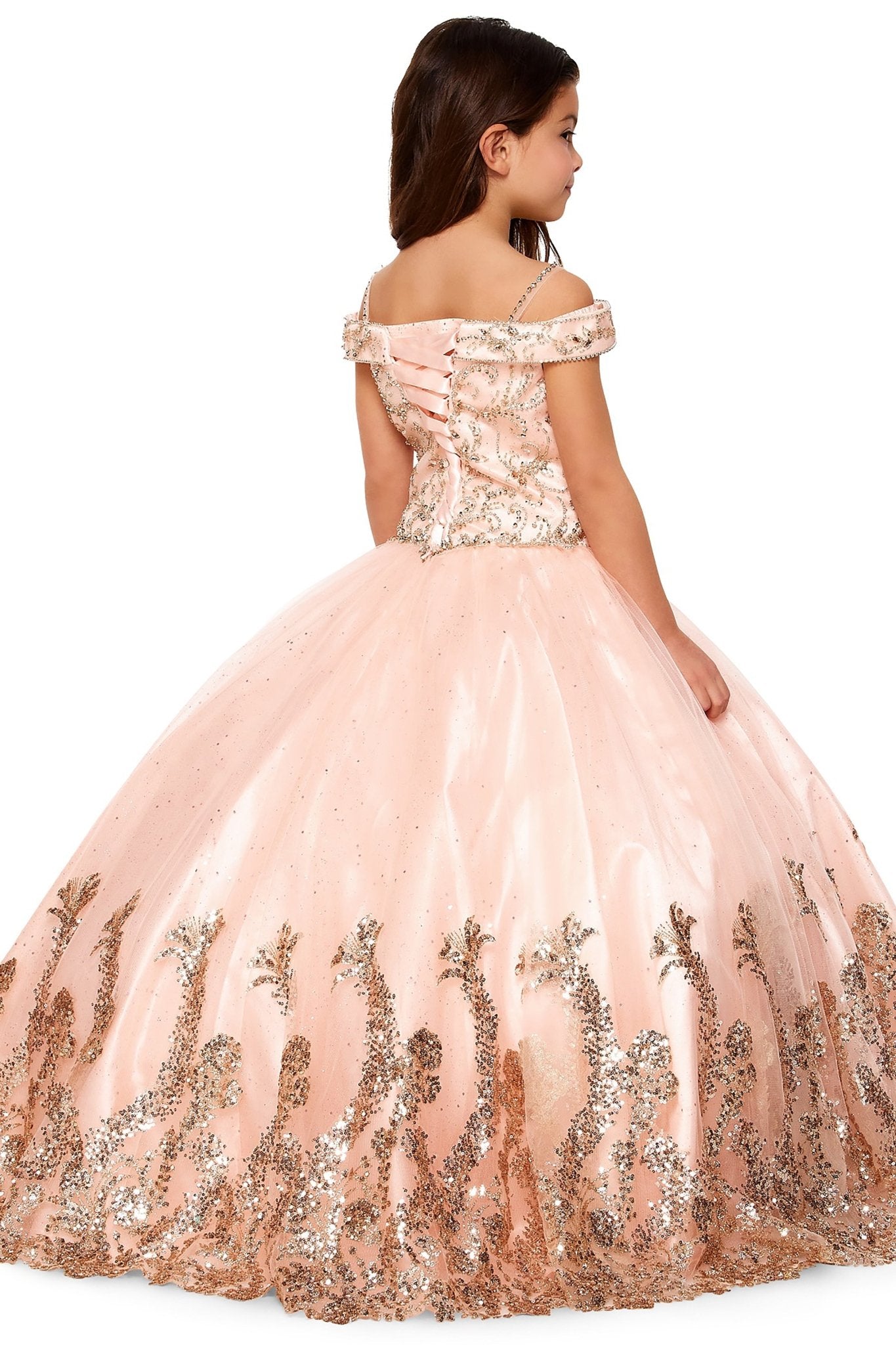 Blush back view kids mini quinceañera mini quince dress with off-shoulder rhinestone beading, glitter mesh sweep train and bolero.