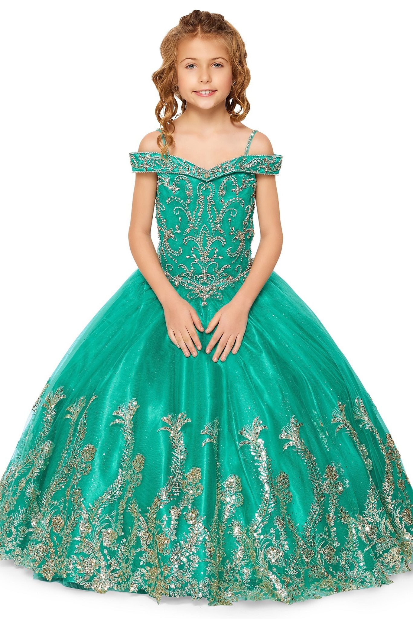 Jade front view kids mini quinceañera mini quince dress with off-shoulder rhinestone beading, glitter mesh sweep train and bolero.
