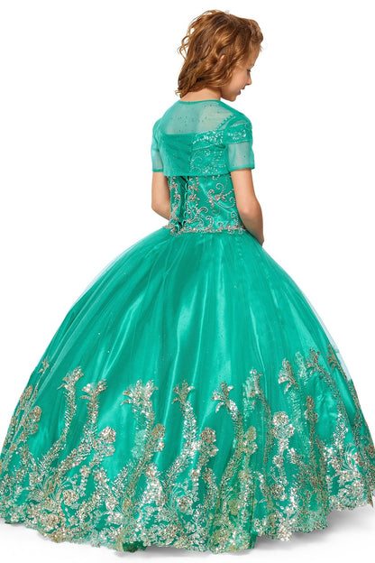 Jade back view kids mini quinceañera ball gown with off-shoulder rhinestone beading, glitter mesh sweep train and bolero
