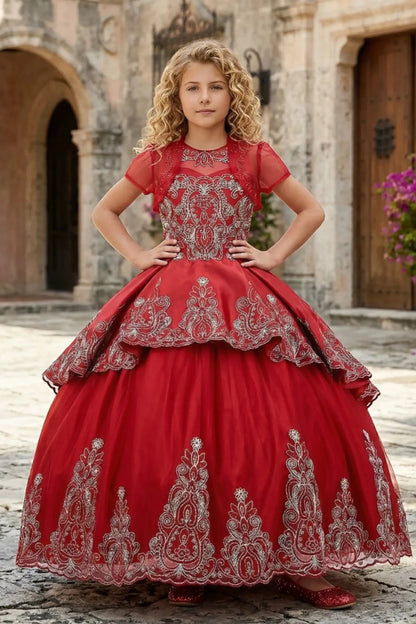 Burgundy Kids Dress with Metallic Coiled Embroidered Stones and Sheer Bolero, Mini Quince Dress