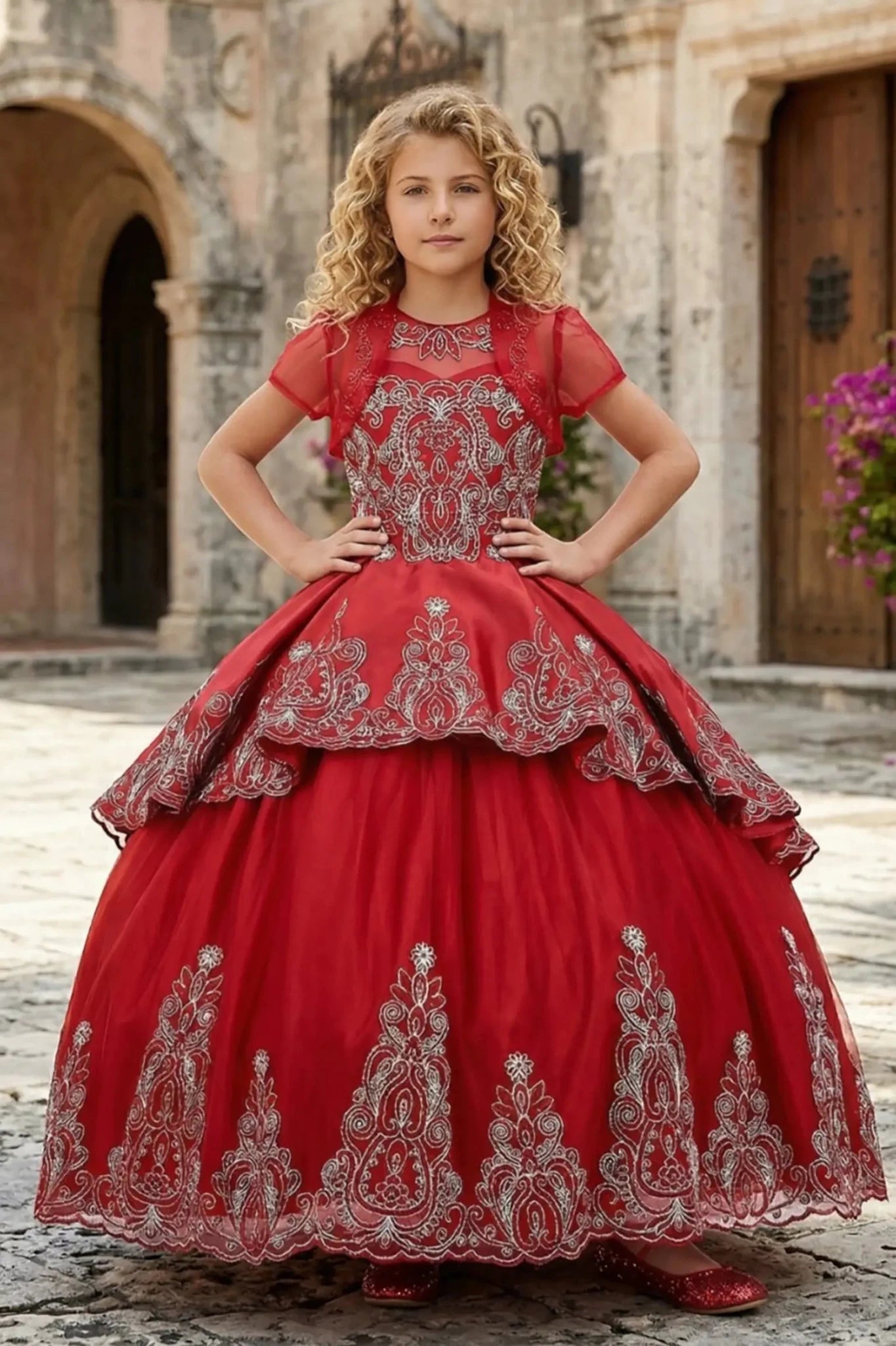 Burgundy front view kids mini quinceañera mini quince dress with metallic coiled embroidery, stone embellishments and sheer bolero.