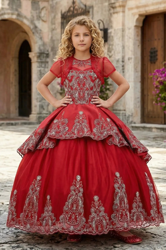 Burgundy front view kids mini quinceañera mini quince dress with metallic coiled embroidery, stone embellishments and sheer bolero.