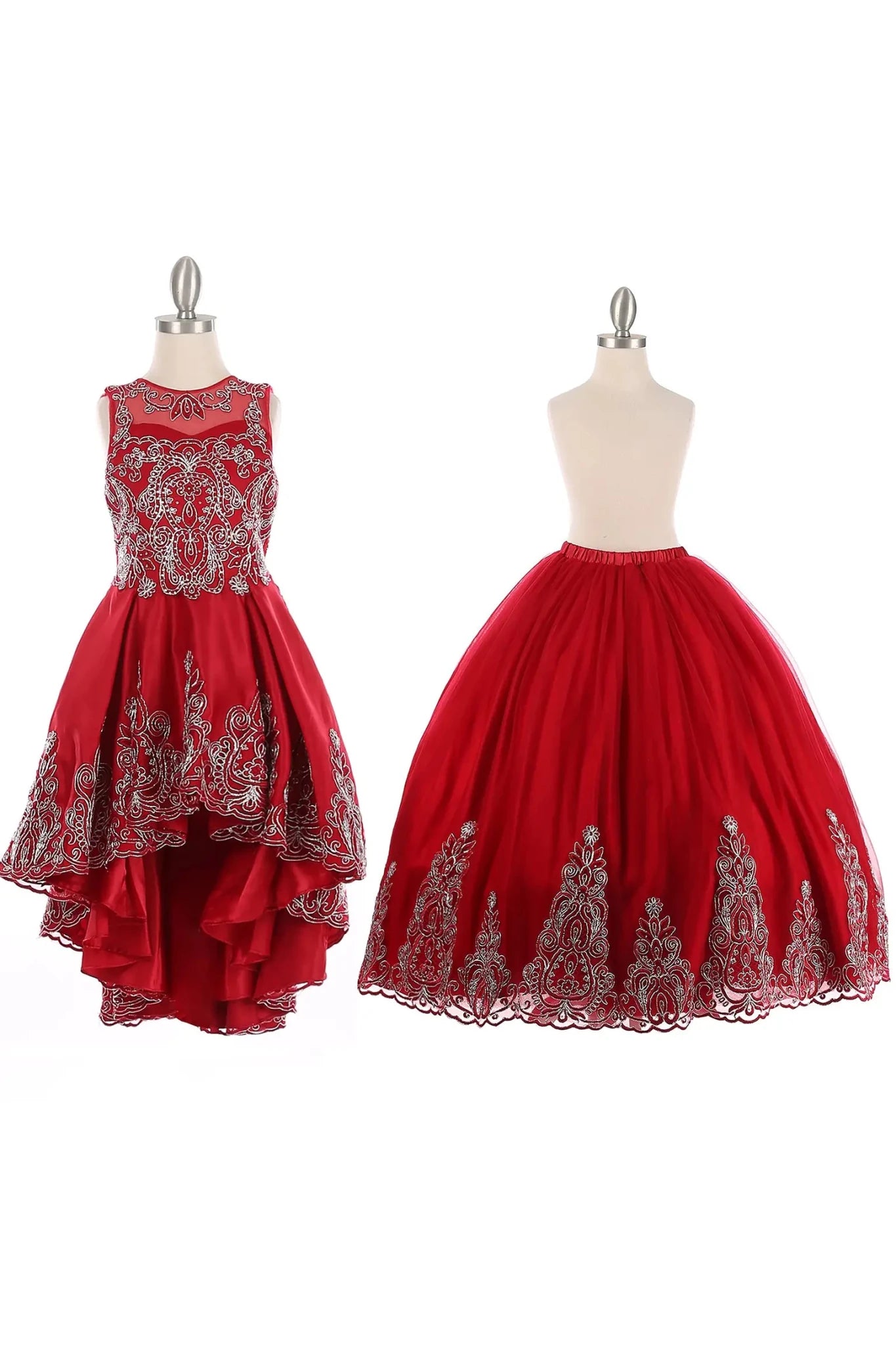 Burgundy front view kids mini quinceañera mini quince dress with metallic coiled embroidery, stone detailing, layered skirt and sheer bolero.