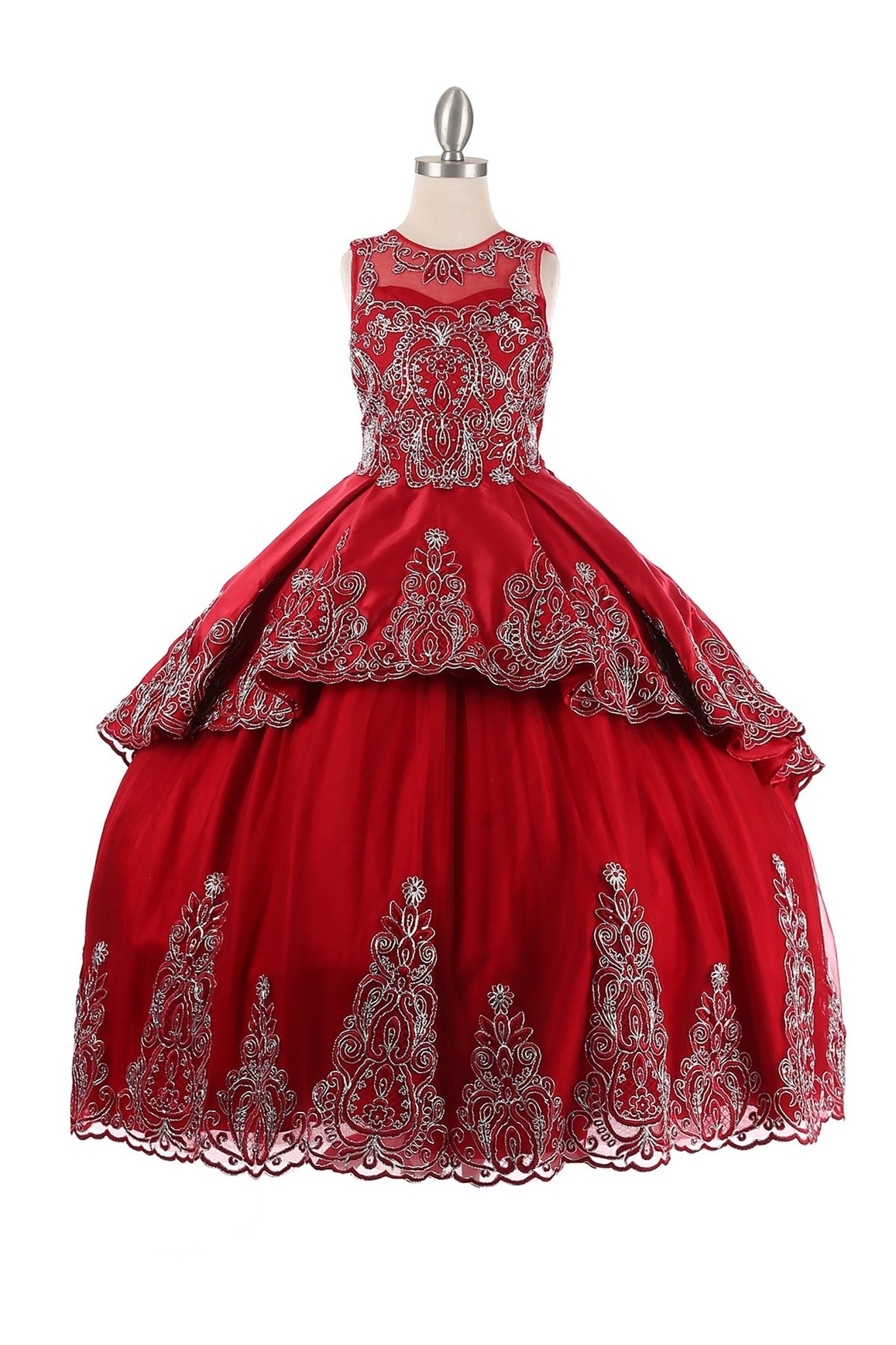 Burgundy front view kids mini quinceañera mini quince dress with metallic coiled embroidery, stone accents and sheer bolero.