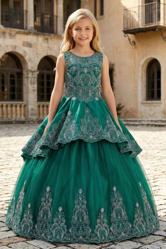 Hunter green front view kids mini quinceañera mini quince dress with metallic coiled embroidery, stone embellishments and sheer bolero.