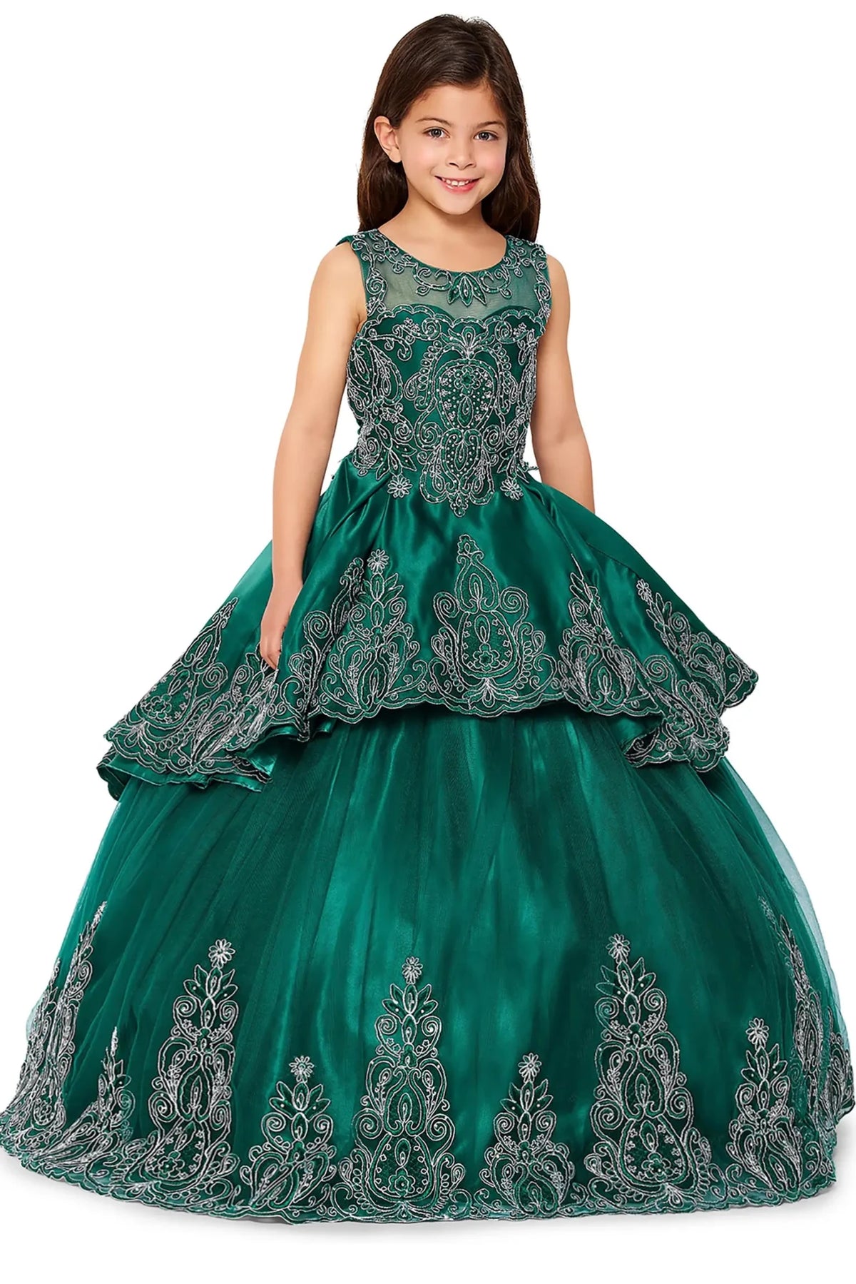 Hunter green side view kids mini quinceañera mini quince dress with metallic coiled embroidery, stone detailing, layered skirt and sheer bolero.