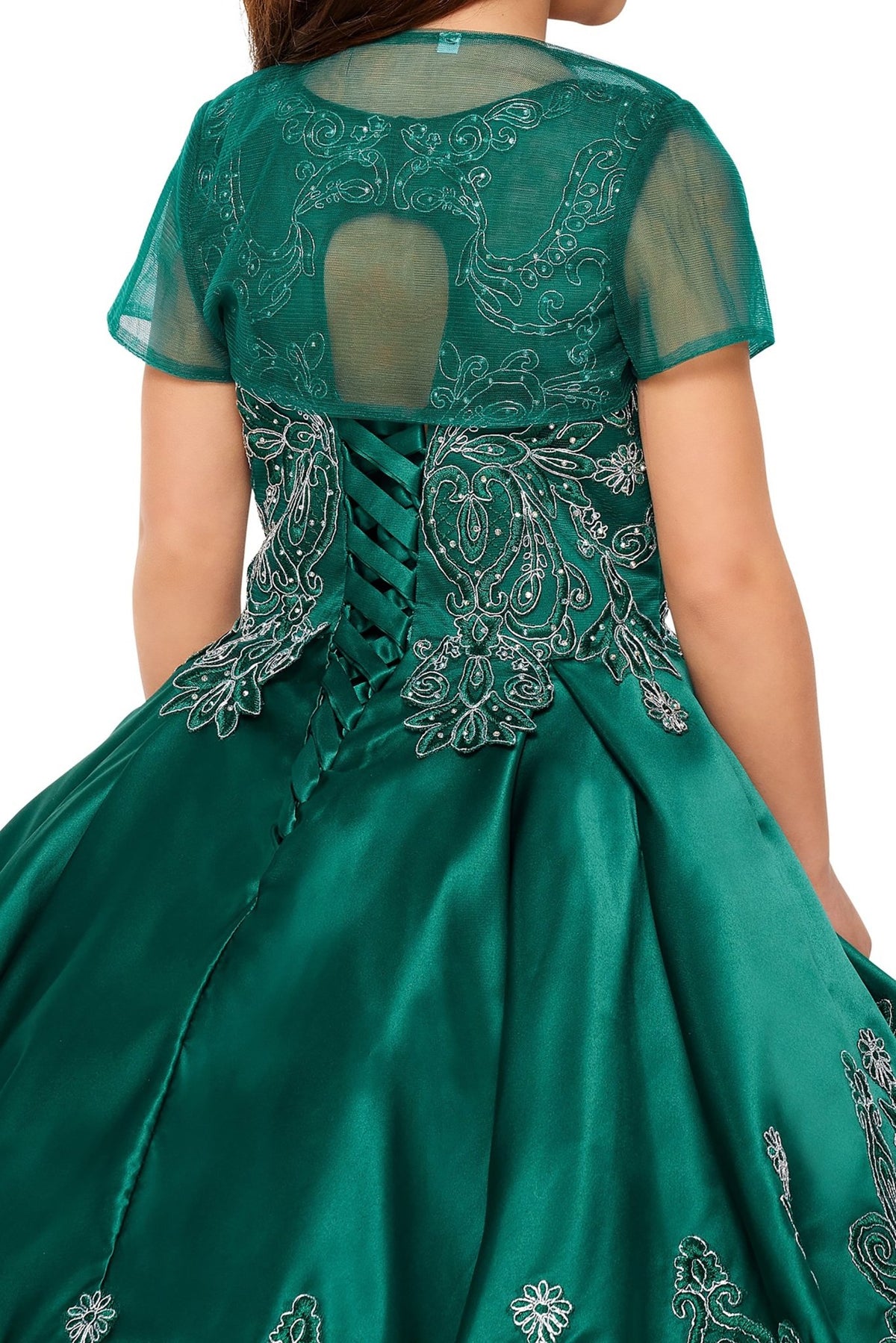 Hunter green back zoom kids mini quinceañera mini quince dress with metallic coiled embroidery, stone embellishments and sheer bolero.