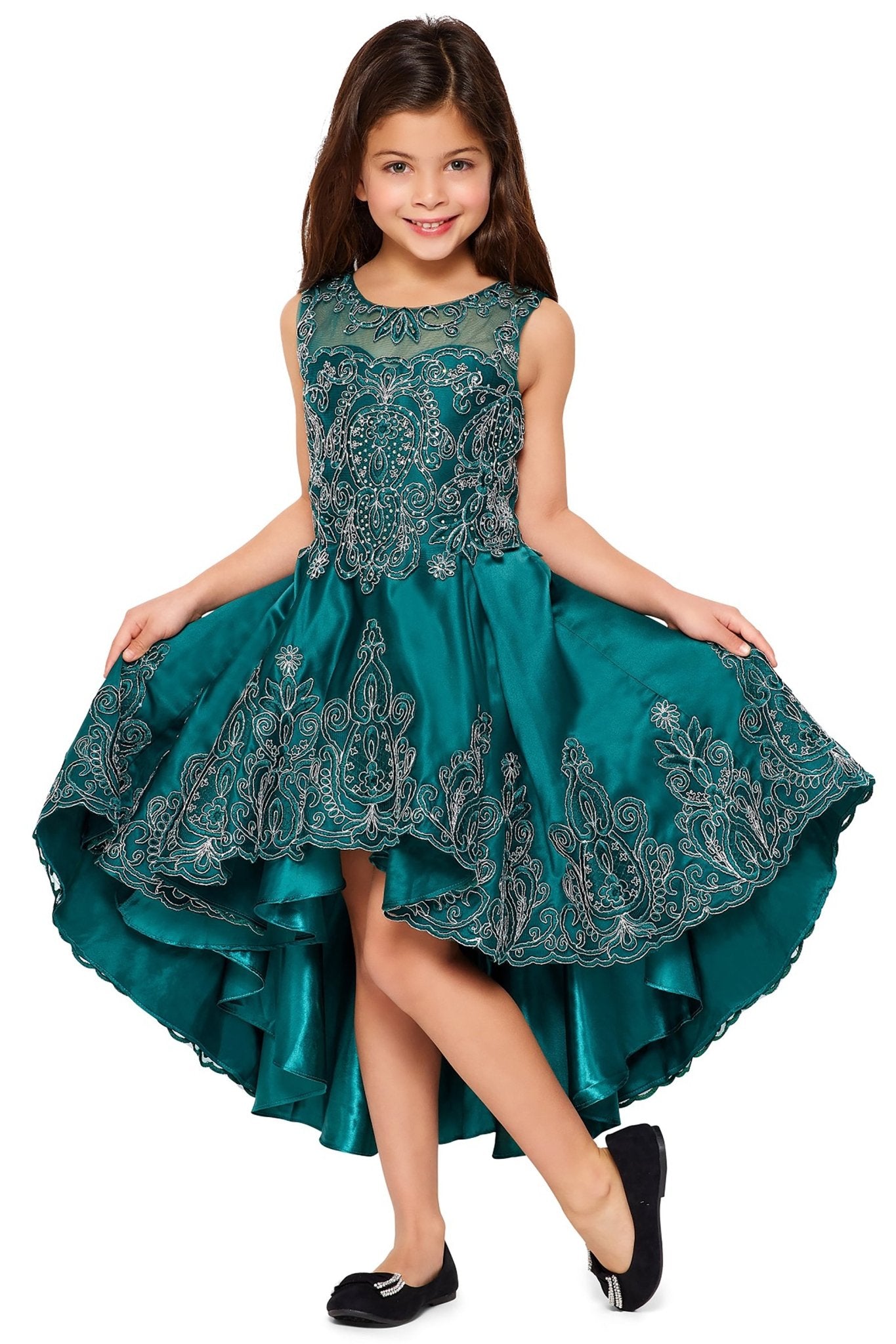Hunter green short skirt view kids mini quinceañera mini quince dress with metallic coiled embroidery, stone detailing and sheer bolero.