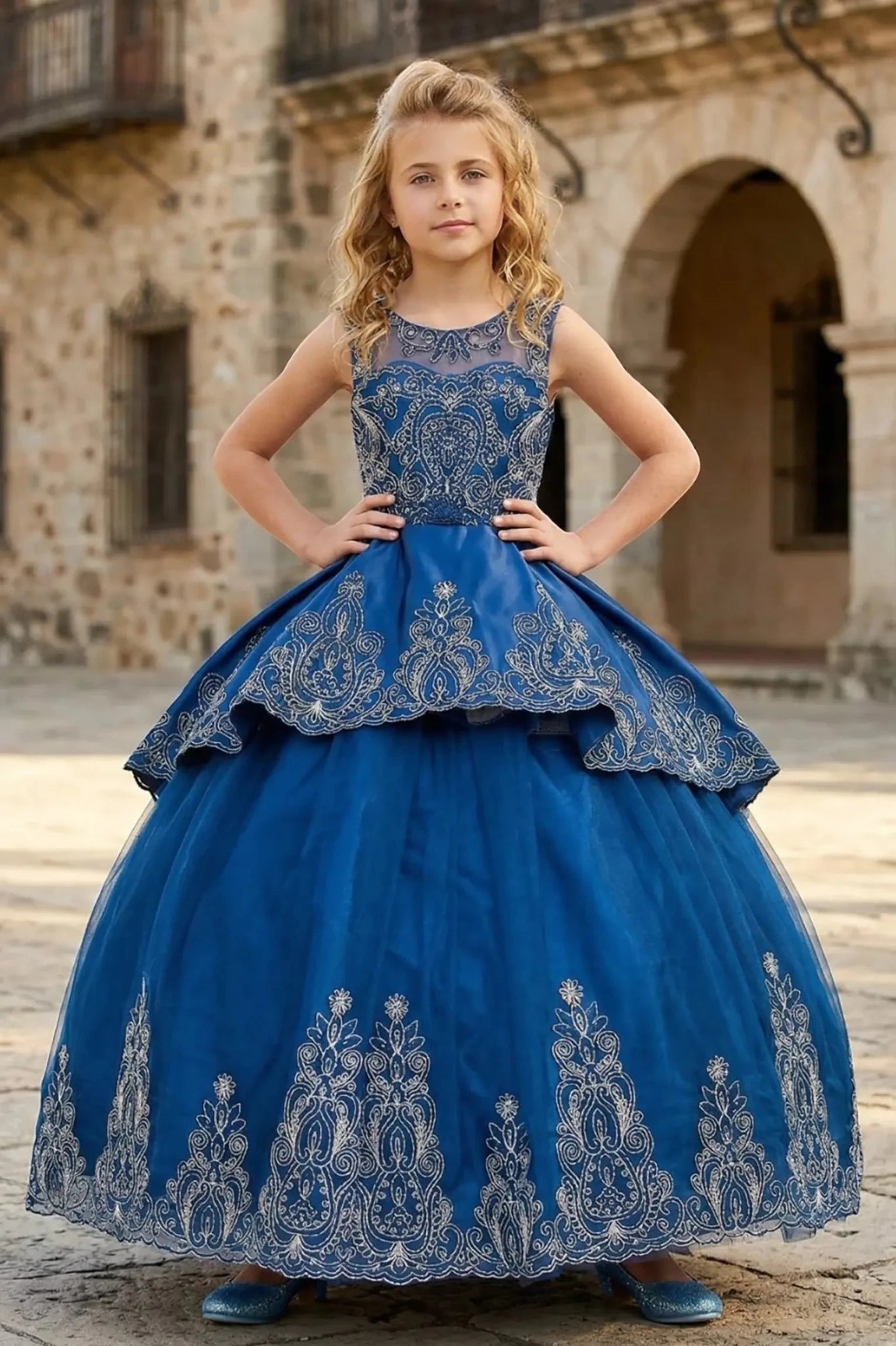 Navy front view kids mini quinceañera mini quince dress with metallic coiled embroidery, stone embellishments and sheer bolero.