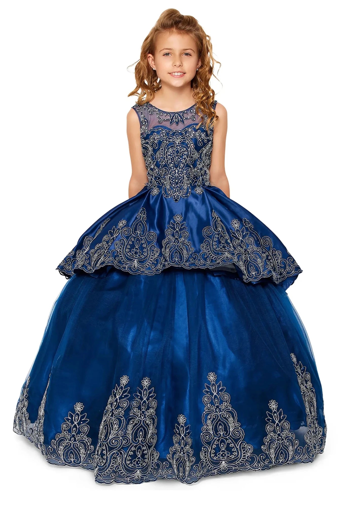 Navy front view kids mini quinceañera mini quince dress with metallic coiled embroidery, stone detailing, layered skirt and sheer bolero.