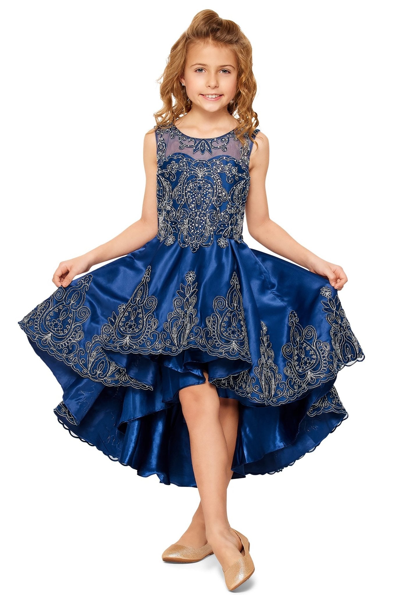 Navy short skirt view kids mini quinceañera mini quince dress with metallic coiled embroidery, stone embellishments and sheer bolero.