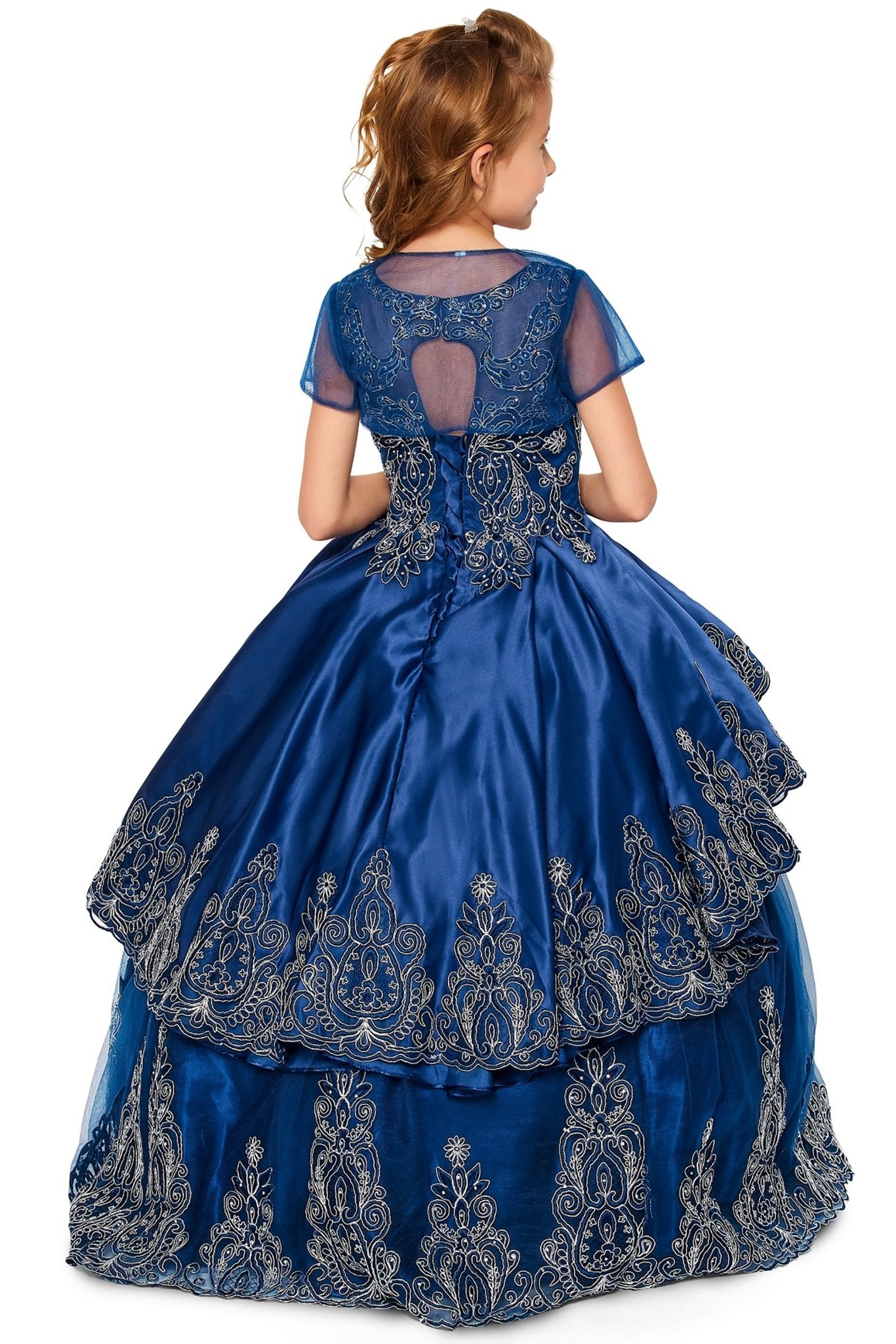Navy back view kids mini quinceañera mini quince dress with metallic coiled embroidery, stone detailing and sheer bolero.