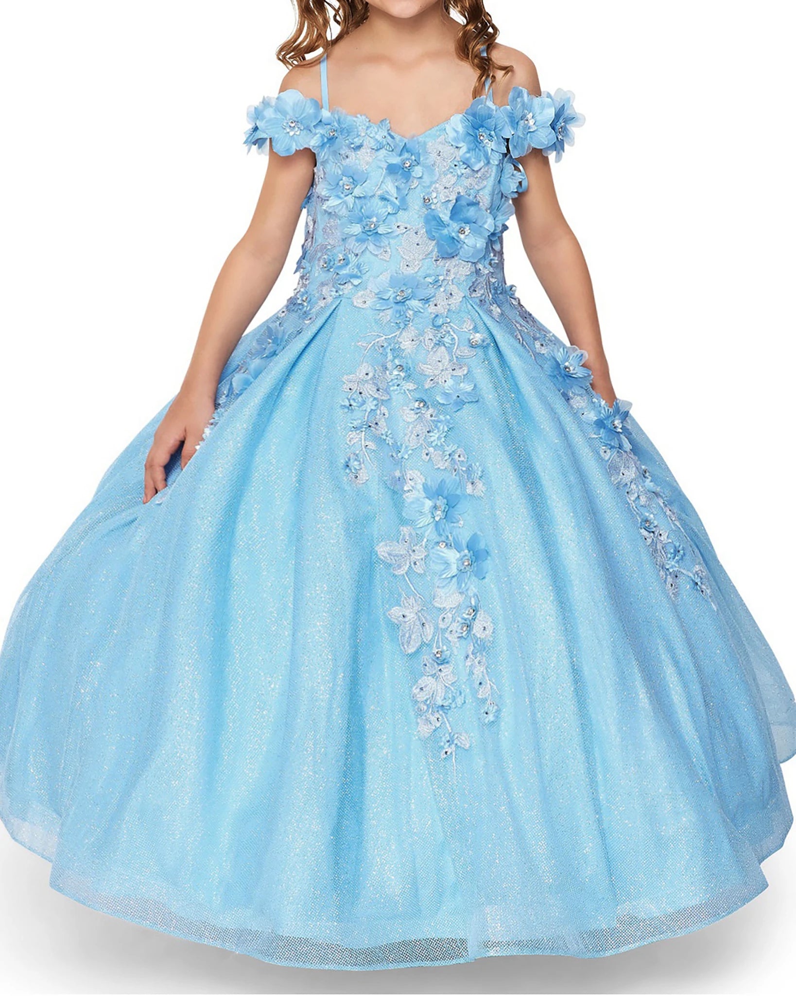 Light blue front view kids mini quinceañera mini quince dress with floral lace details and satin tulle fabric.