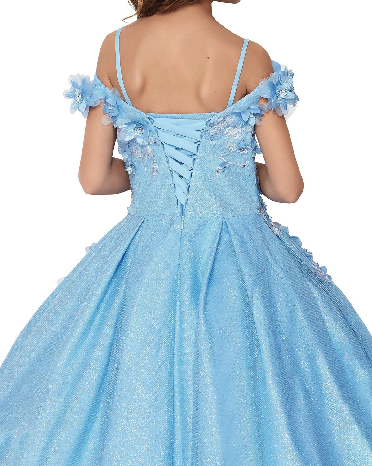 Light blue front view kids mini quinceañera mini quince dress with floral lace embroidery and satin tulle fabric.