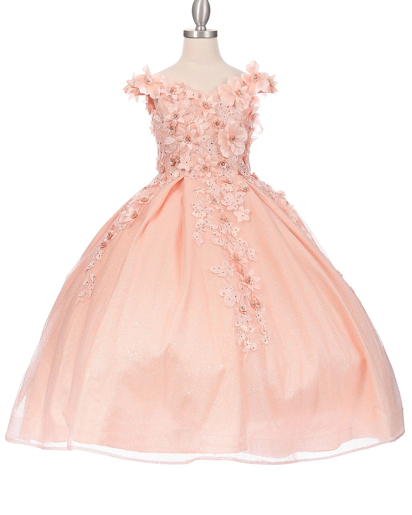 Peach blush front view kids mini quinceañera mini quince dress with floral lace embroidery and satin tulle fabric.