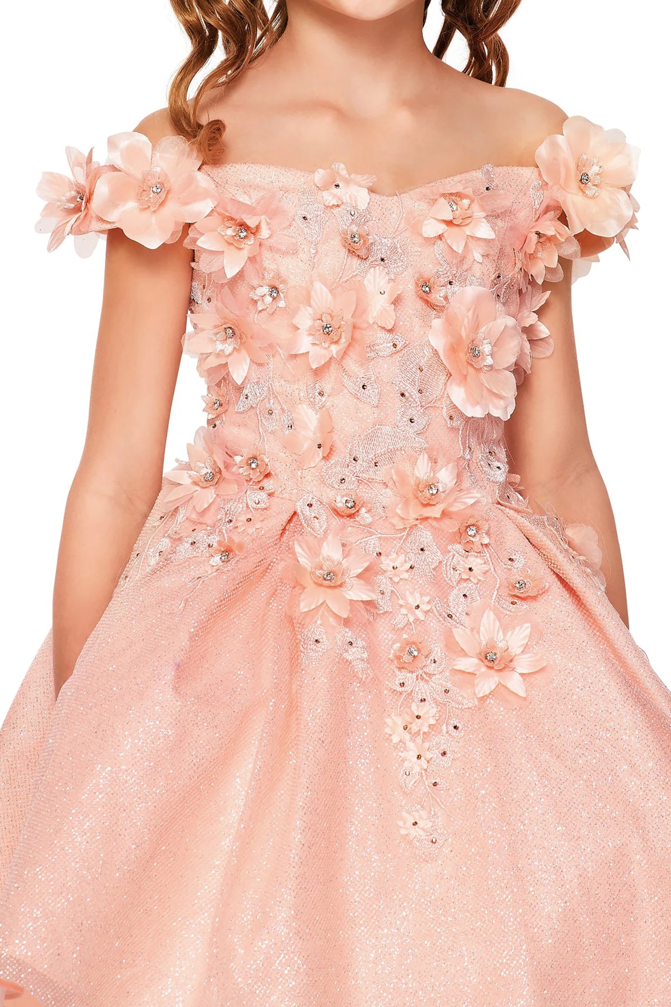 Peach blush front view kids mini quinceañera mini quince dress with off-shoulder lace, floral applique and satin tulle skirt.