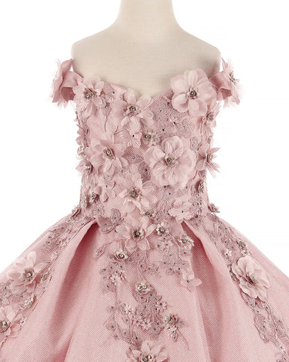 Dusty rose front view kids mini quinceañera ball gown with floral lace embroidery, bead accents and satin tulle skirt