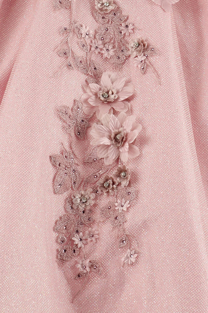 Dusty rose fabric close-up kids mini quinceañera ball gown with floral lace embroidery and bead embellishments