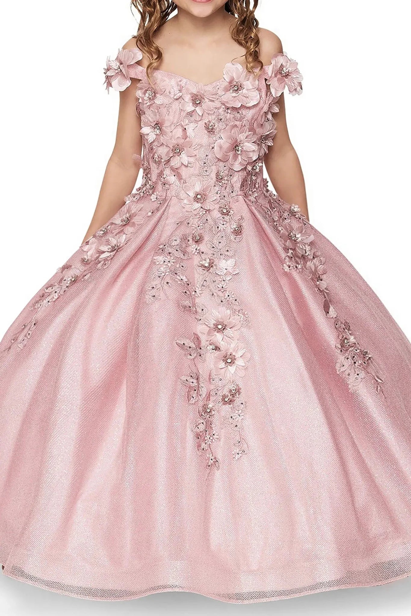 Dusty rose front view kids mini quinceañera mini quince dress with 3D stone and pearl embellishments and layered tulle skirt.