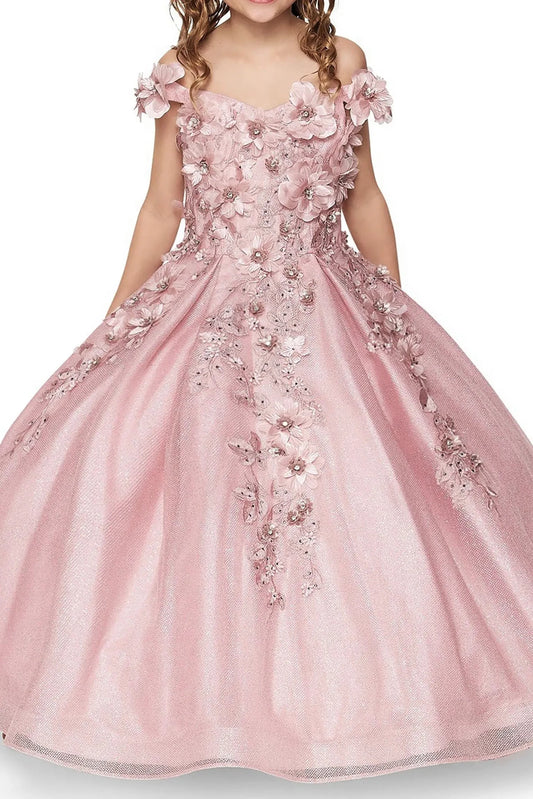 Dusty rose front view kids mini quinceañera mini quince dress with 3D stone and pearl embellishments and layered tulle skirt.