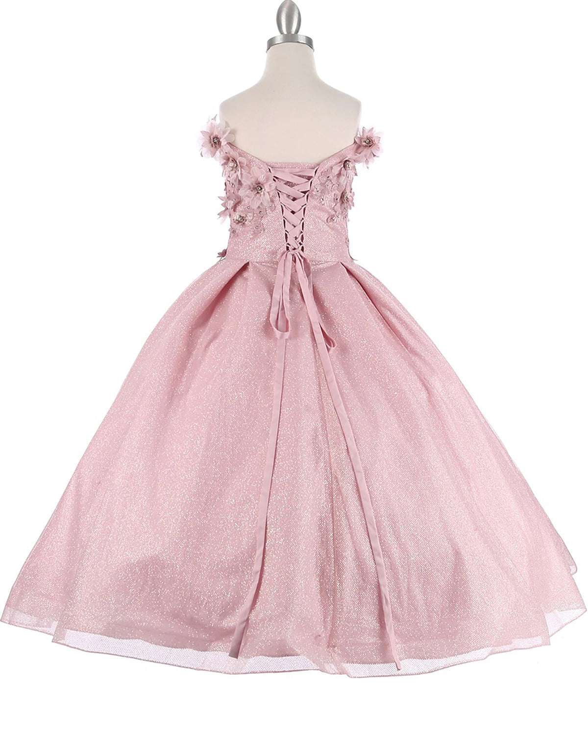 Dusty rose front view kids mini quinceañera mini quince dress with floral lace, bead embellishments and satin tulle fabric.