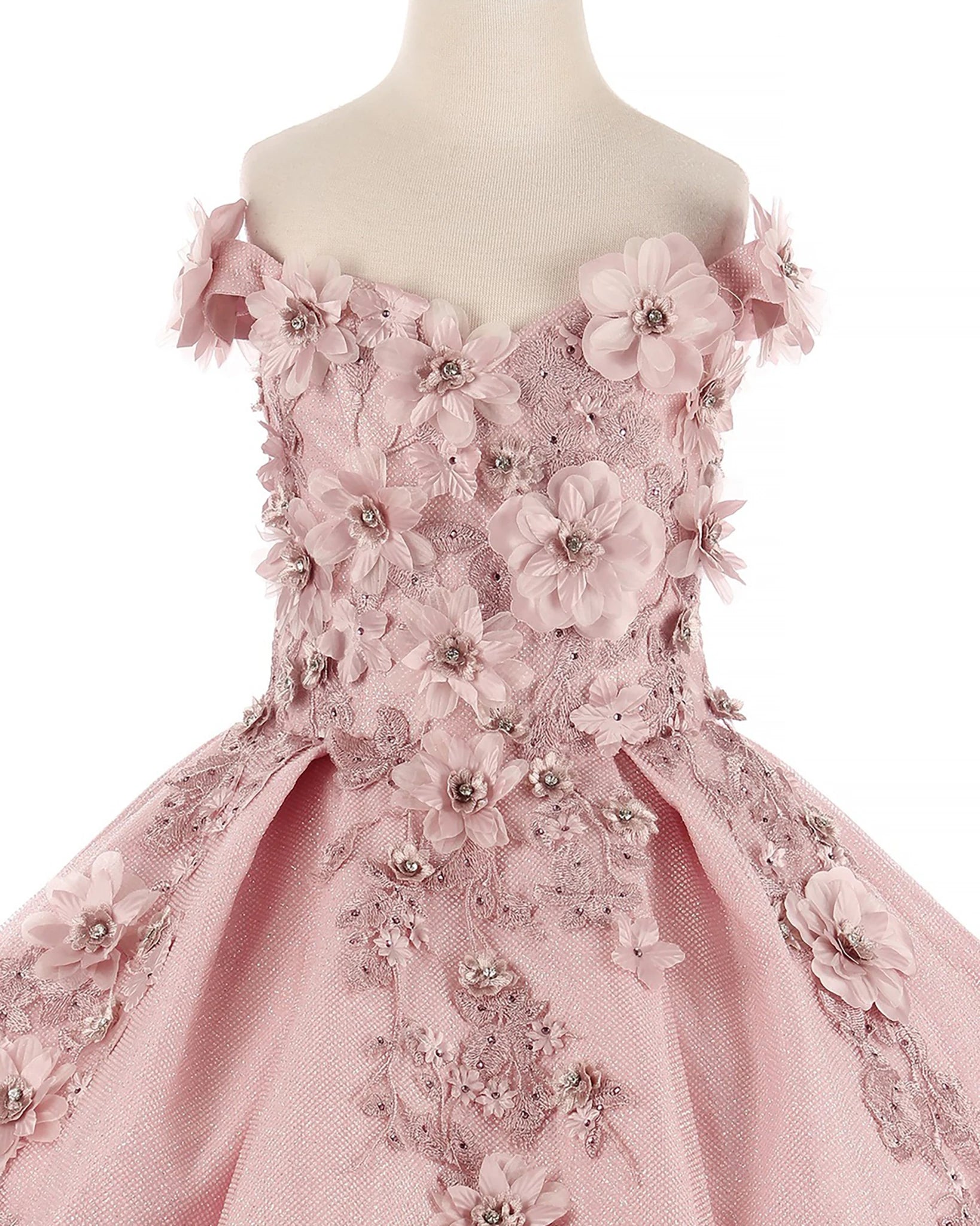 Dusty rose front view kids mini quinceañera mini quince dress with floral lace embroidery, bead accents and satin tulle skirt.