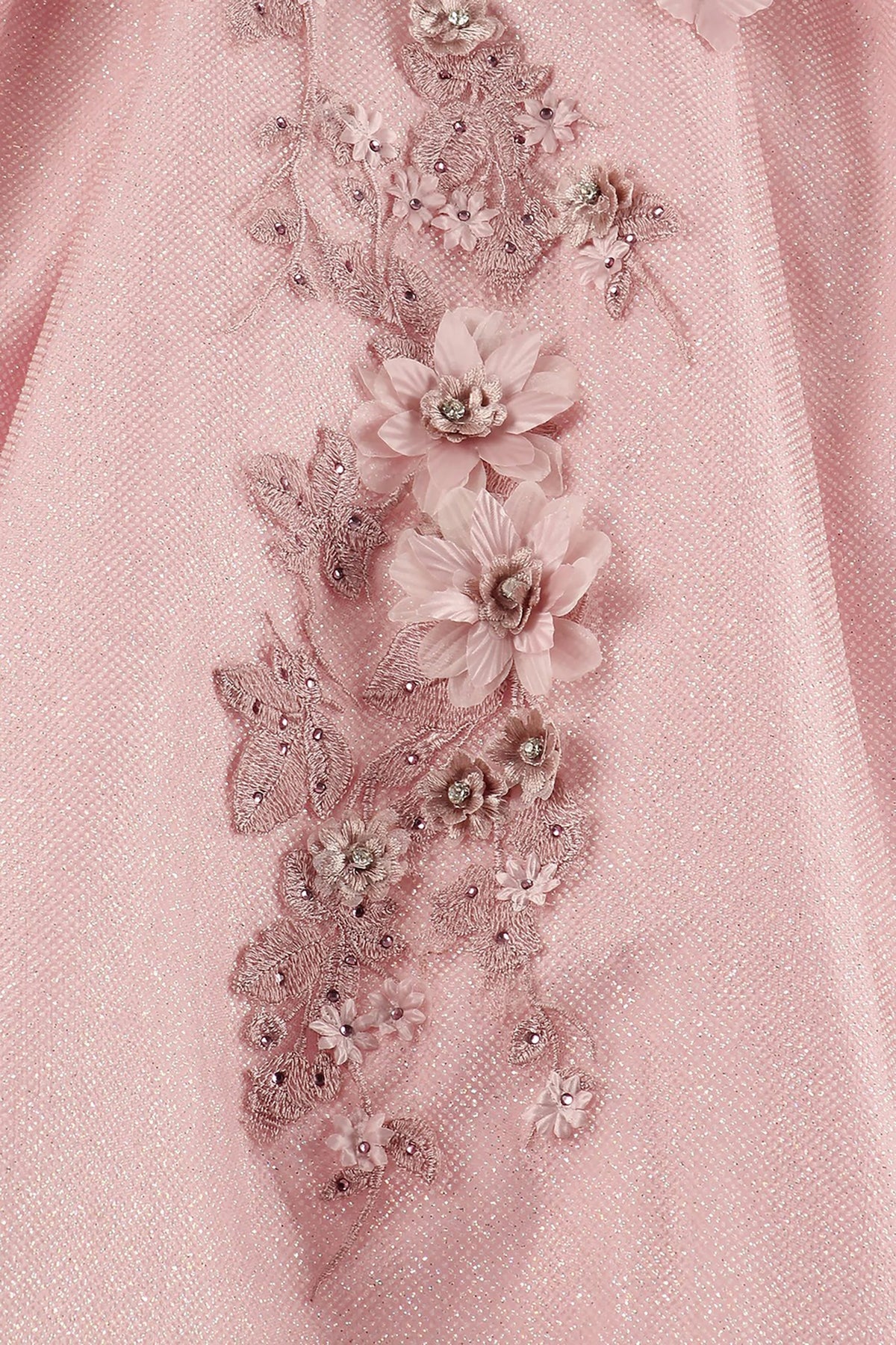 Dusty rose fabric close-up kids mini quinceañera mini quince dress with floral lace embroidery and bead embellishments.