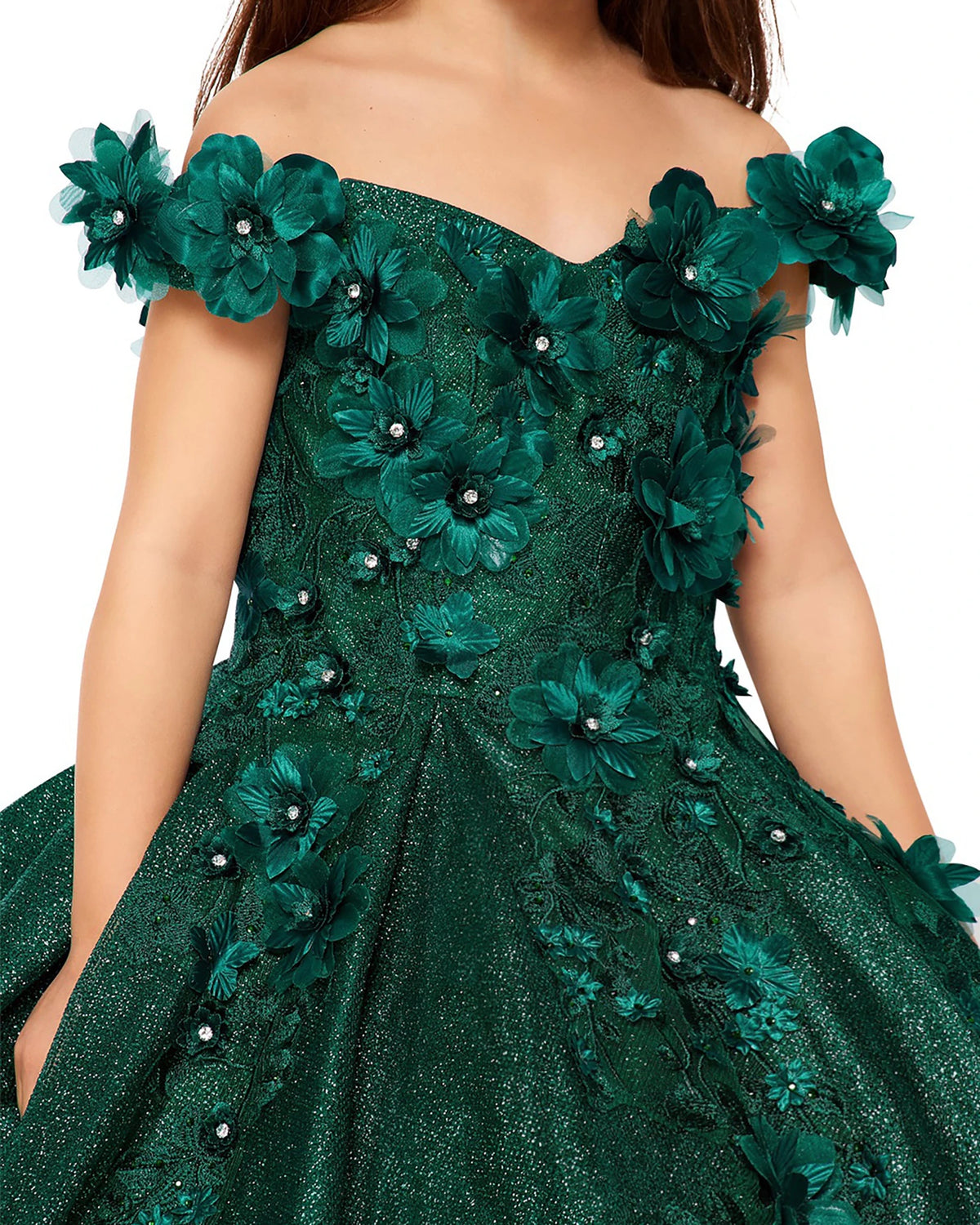 Hunter green front view kids mini quinceañera mini quince dress with off-shoulder lace, floral applique and satin tulle skirt.