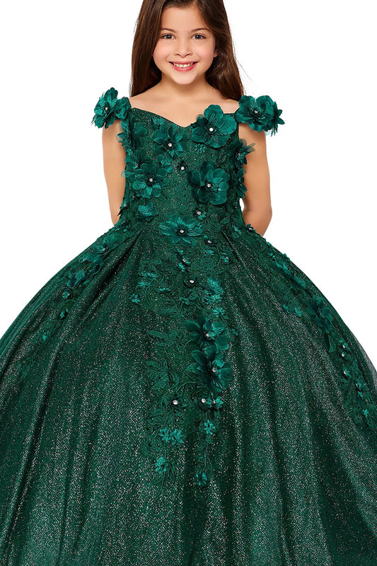 Young girl standing front-facing in green quinceañera gown with off-shoulder sleeves, floral appliqués, fitted bodice, and layered skirt on white background