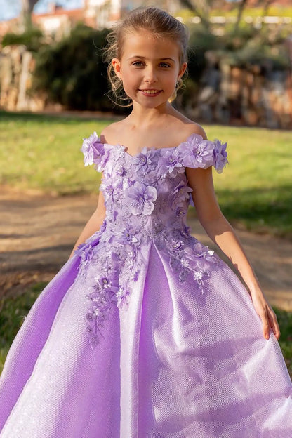 Lilac front view kids mini quinceañera ball gown with floral lace, bead embellishments, fitted bodice and layered tulle skirt