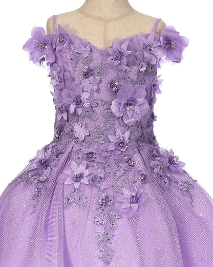 Lilac front view kids mini quinceañera ball gown with floral lace, bead embellishments and satin tulle skirt