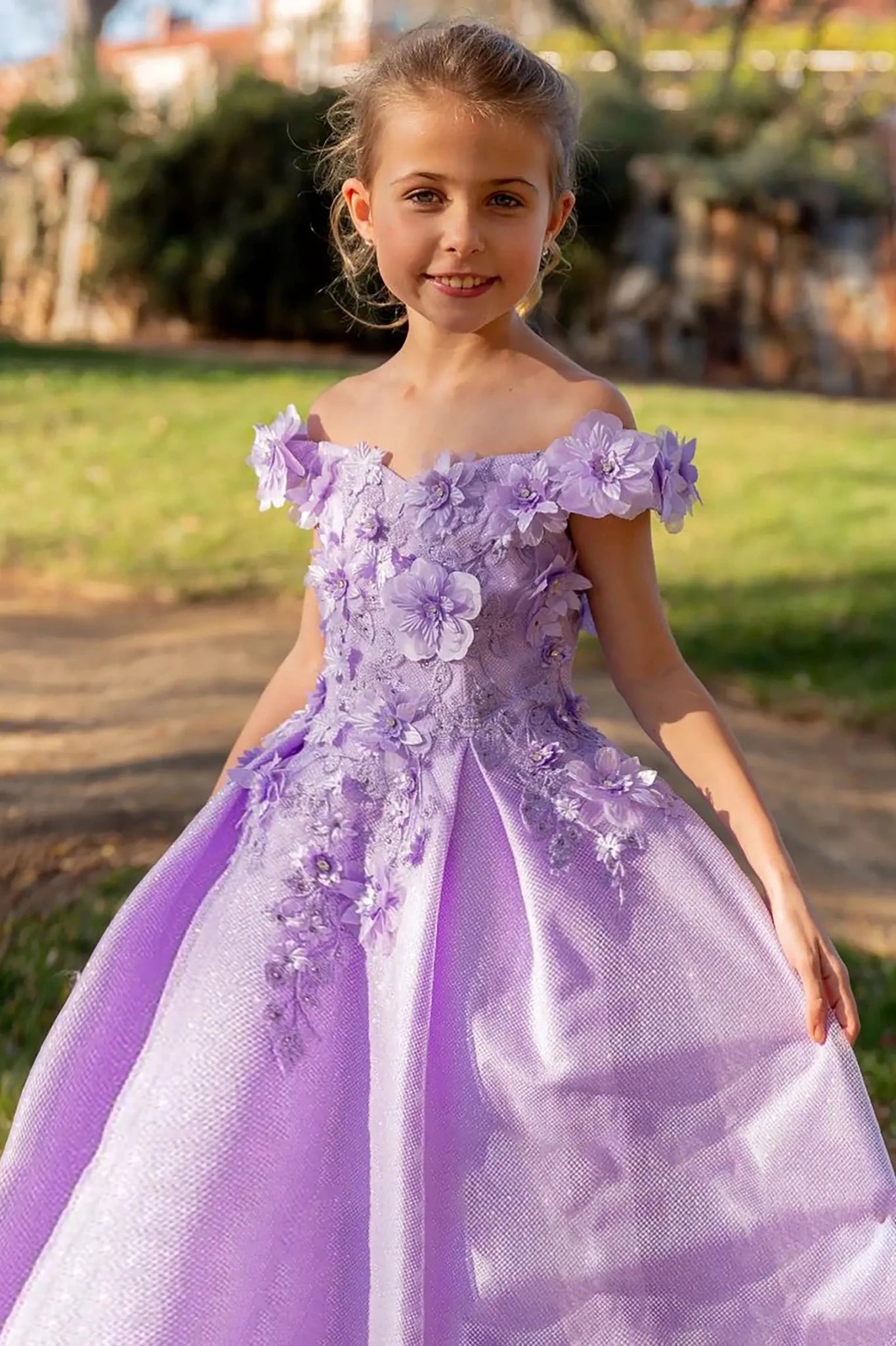 Lilac front view kids mini quinceañera mini quince dress with floral lace, bead embellishments, fitted bodice and layered tulle skirt.