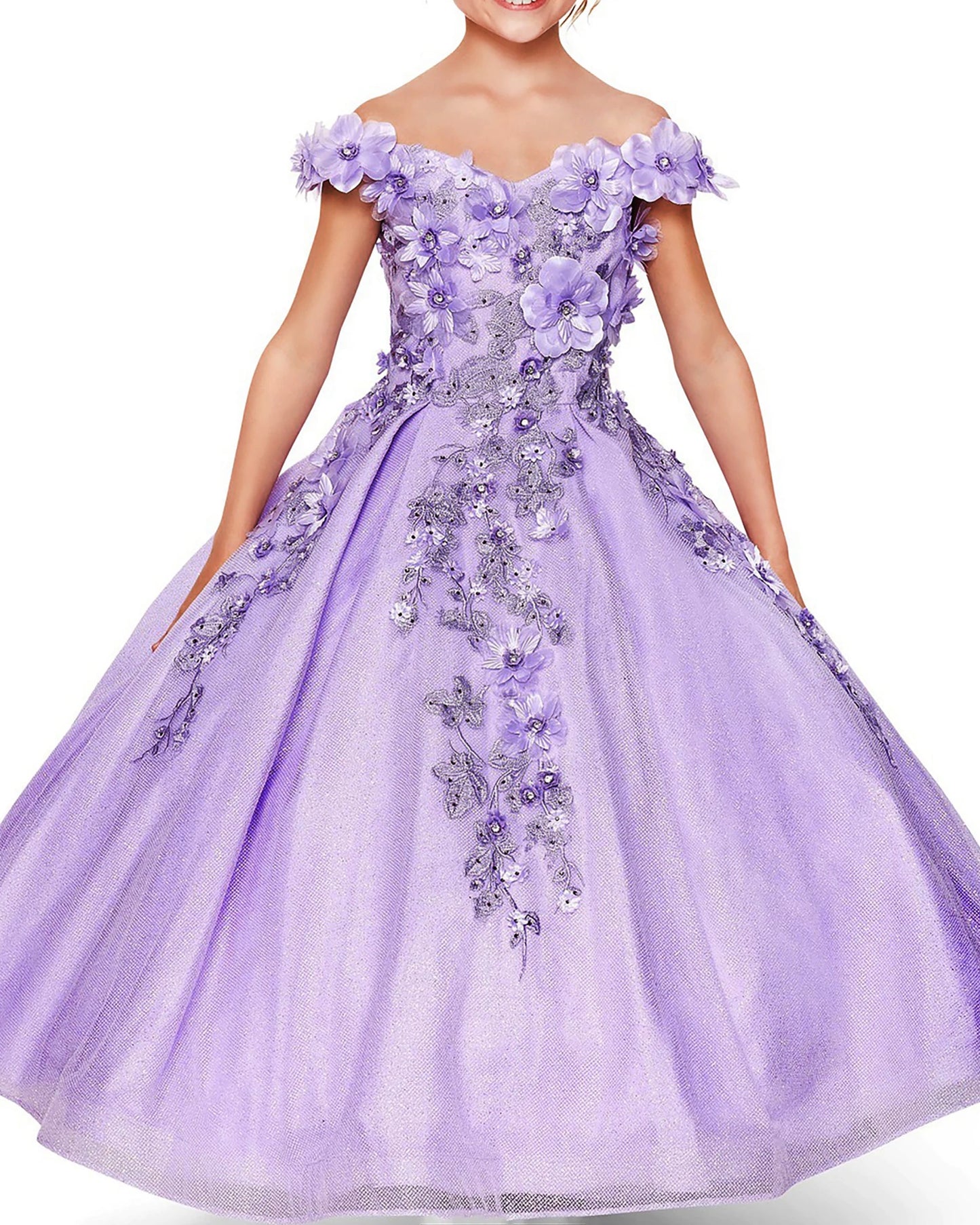Lilac front view kids mini quinceañera mini quince dress with floral lace embroidery, bead accents and satin tulle fabric.
