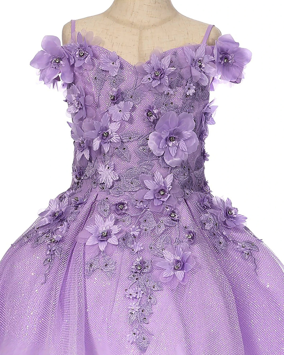 Lilac front view kids mini quinceañera mini quince dress with floral lace, bead embellishments and satin tulle skirt.