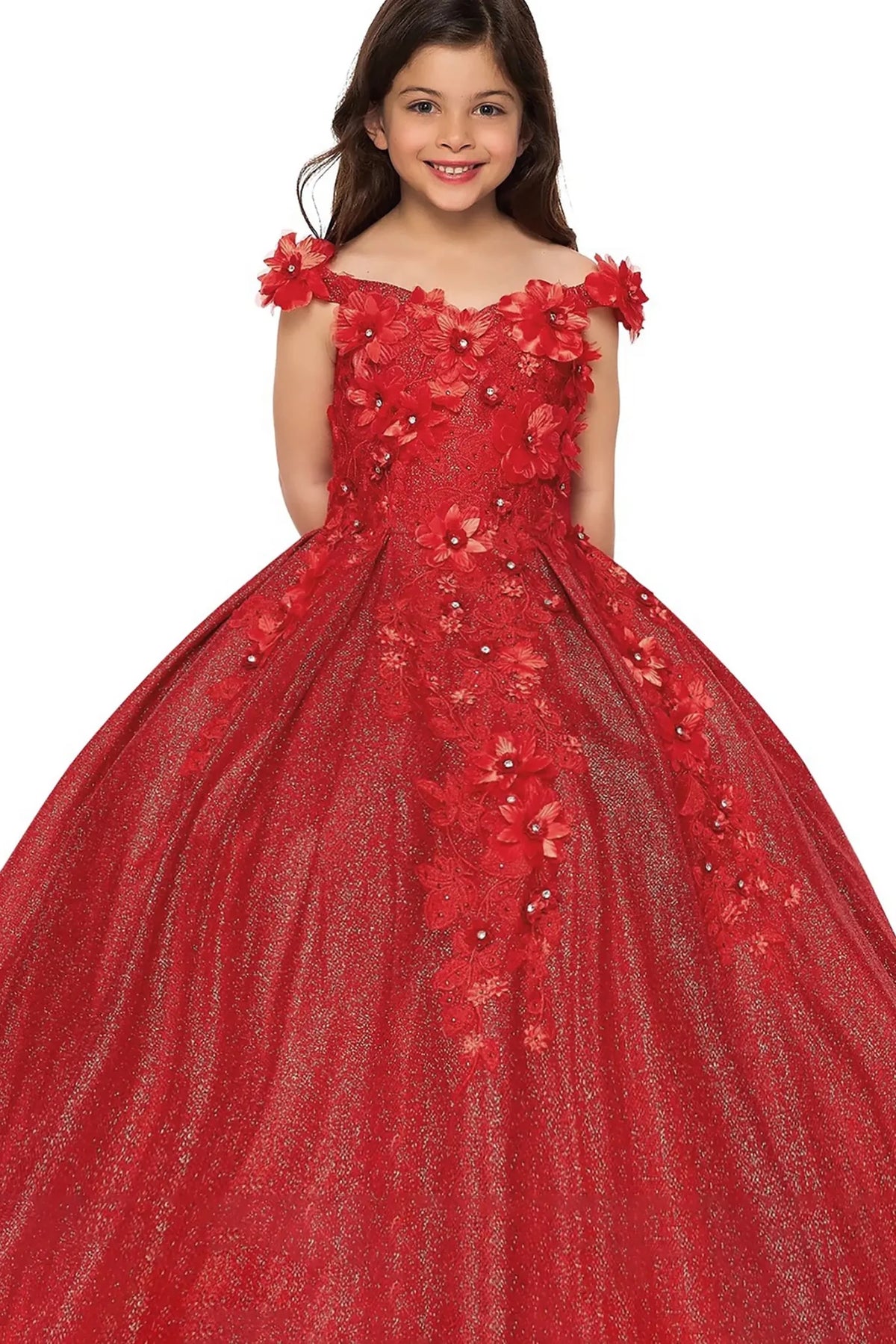 Red front view kids mini quinceañera mini quince dress with 3D stone and pearl embellishments, fitted bodice and layered tulle skirt.