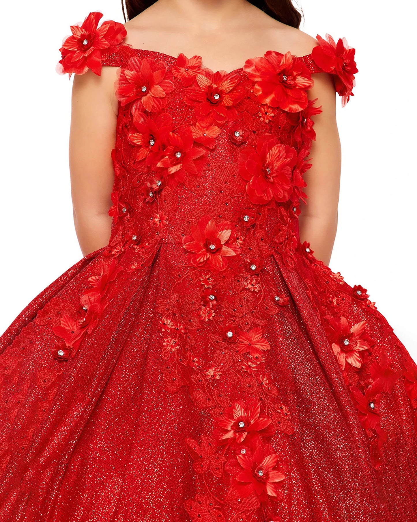 Red close-up front view kids mini quinceañera mini quince dress with 3D stone and pearl embellishments and glitter lace bodice.