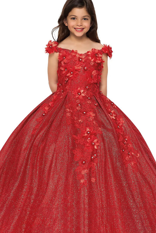 Young girl standing front-facing in red Anaya mini quinceañera ball gown with intricate 3D stone and pearl embellishments, fitted bodice, and voluminous layered skirt